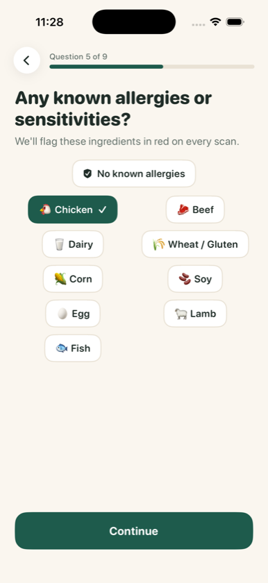 The allergy step of the dog profile quiz